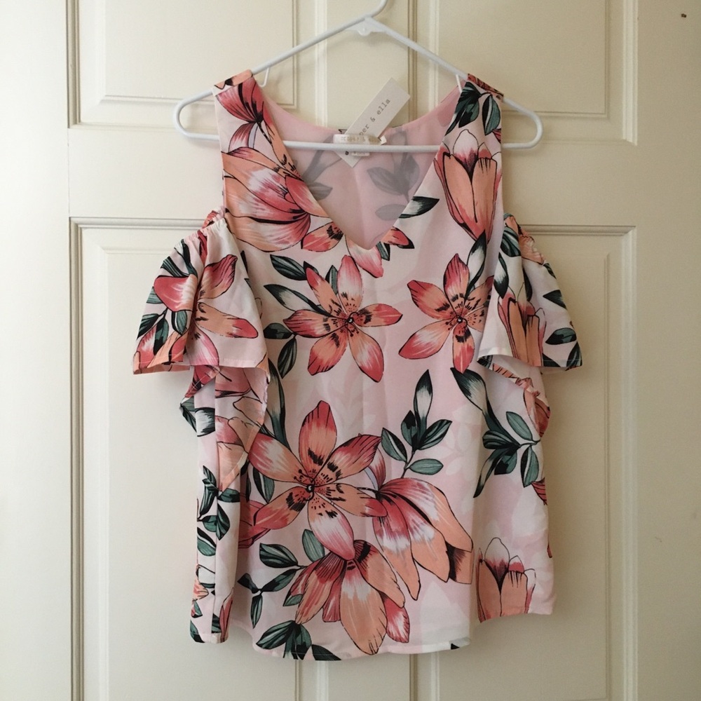 Women’s Top (Size S) Pink Floral Blouse Cold Shoulder Sleeves NEW Cooper & Ella